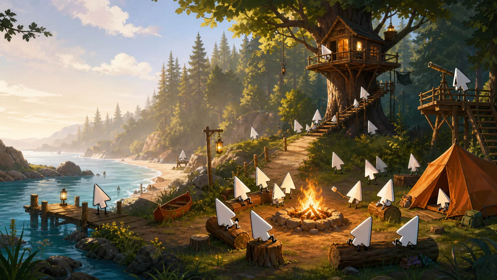 Illustrated campsite with mouse cursors gathering around a warm fire