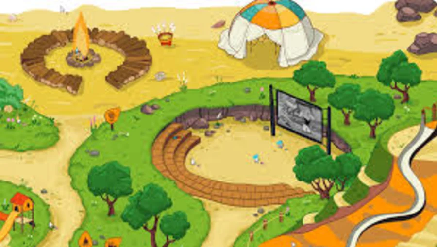 Cursor Camp outdoor field reference with campfire, tent, trees, path, and screen area