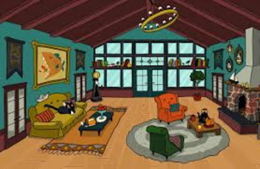 Cursor Camp lodge reference with sofas, windows, fireplace, wall art, and indoor props