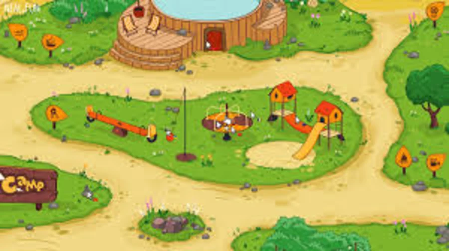 Cursor Camp overhead map reference with paths, tent, fire, field, and activity areas