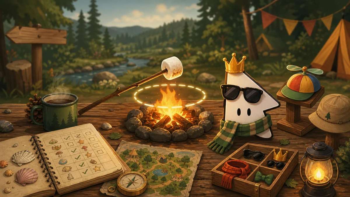 AI-styled campfire training scene with marshmallow timing, cursor accessories, and a camp map