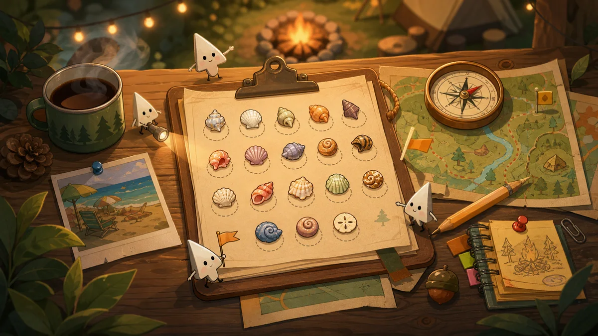 AI-styled campsite desk with a seashell checklist, map, compass, and cursor characters